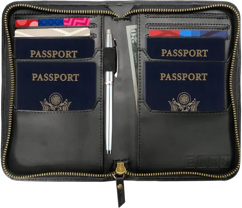 Vista 2 de Cartera de viaje de cuero y soporte para pasaporte, Negro (grano dividido), Grano dividido