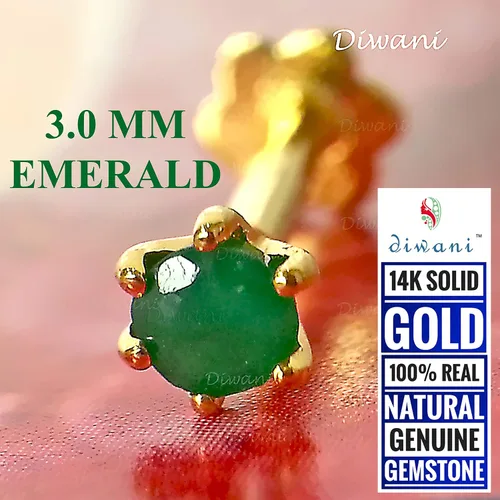 Vista 3 de Diwani Anillo de oro de 14 quilates de 0.118in con piedras preciosas de esmeralda natural de compromiso para boda, nariz, labio, labio, monroe