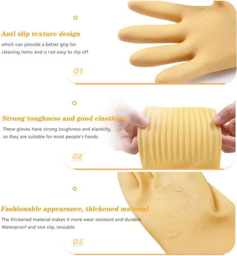 Vista 3 de 3 pares de guantes de 17.8 pulgadas de longitud con codo de goma reutilizables, impermeables, para limpieza del hogar y cocina, tamaño pequeño