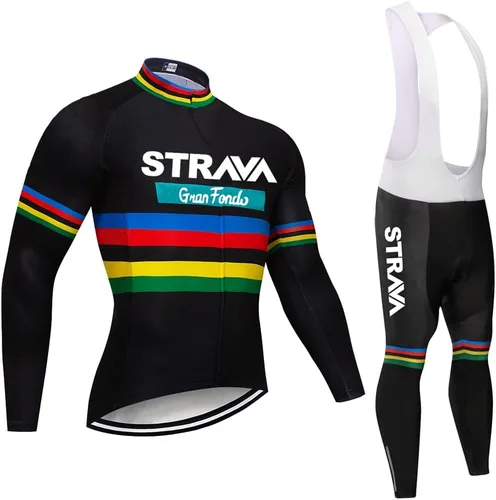 Vista 25 de Conjunto de ropa de ciclismo para hombre, manga larga, jersey de ciclismo con cremallera, bolsillo, traje de bicicleta, pantalones con babero de gel
