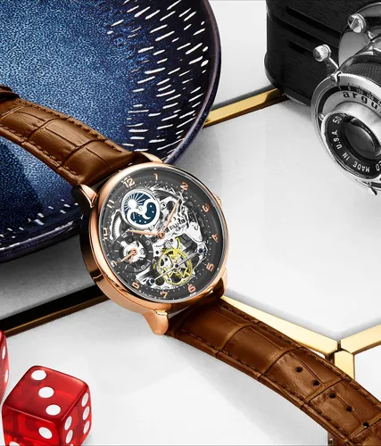 Vista 6 de Stuhrling - Reloj de esqueleto automático para hombre, esfera analógica, doble hora, indicador AMPM Sun Moon