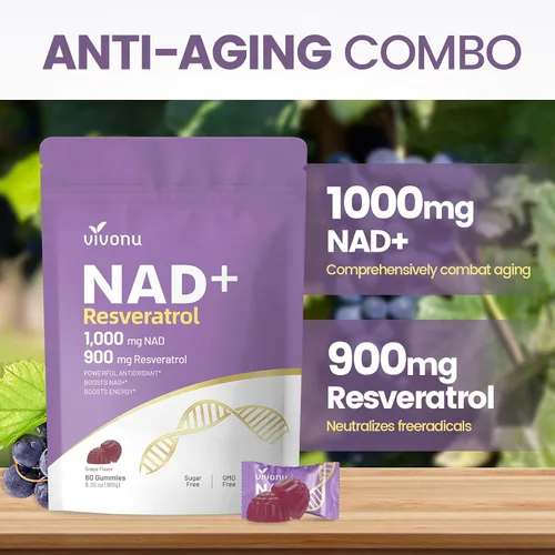 Vista 4 de Suplemento NAD, gomitas de resveratrol NAD+, 60 unidades, ultra puras orgánicas - absorción mejorada - con 1000 mg de NAD y 900 mg de resveratrol