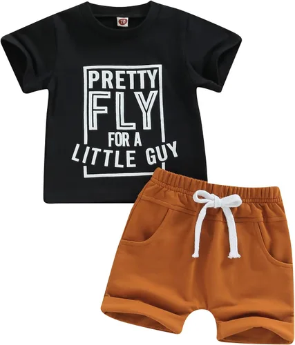 Vista 14 de Conjunto de traje de verano para bebé niño pequeño, manga corta, cuello redondo, letras impresas, lindo traje de verano, conjunto de 2 piezas