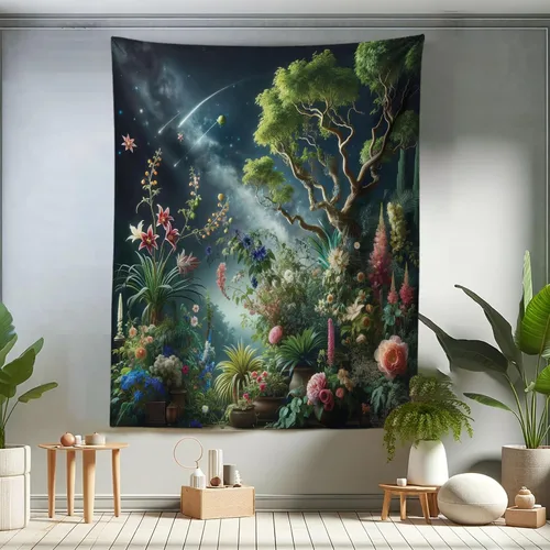 Vista 126 de Ambesonne Tapiz verde, fases lunares alrededor de un árbol de la vida, impresión de diseño bohemio de astrología nocturna, decoración de tela