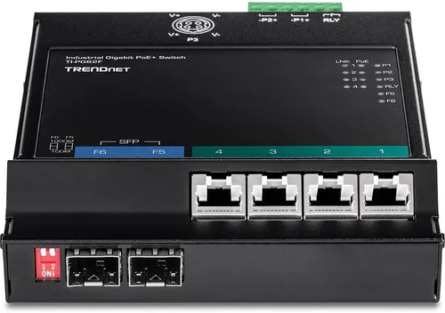 Vista 3 de TRENDnet Interruptor de acceso frontal industrial Gigabit PoE+ de 6 puertos, TI-PG62F, 4 puertos Gigabit PoE+, 2 ranuras Gigabit SFP, riel DIN