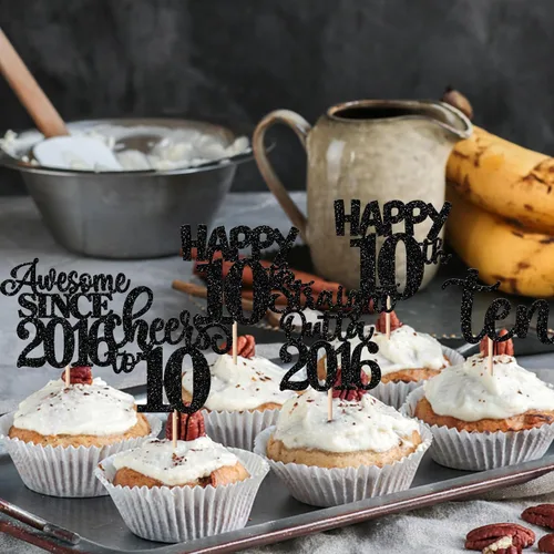 Vista 7 de Paquete de 30 adornos para cupcakes de 10º cumpleaños con purpurina recta hacia fuera de 2016, Happy 10th Ten Awesome Since 2016, 10 fabulosas Negro