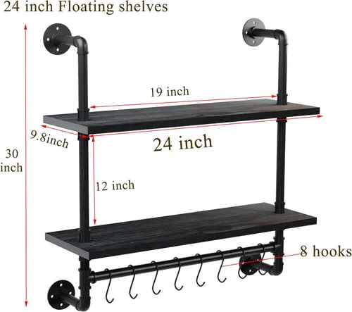 Vista 3 de ROGMARS - Estantería industrial de tuberías para baño, estantes flotantes negros de 24 pulgadas para baño con toallero y ganchos, estantes montados