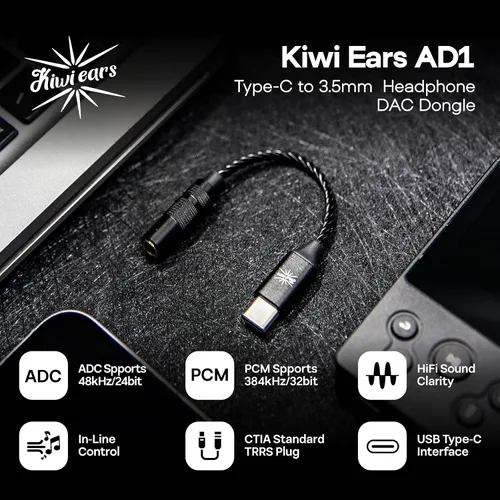 Vista 2 de Linsoul Kiwi Ears AD1 Tipo-C a 0.138 in Cable adaptador DAC de auriculares hembra USB C a Aux IEM Dongle con chip KT02H20, alta resolución
