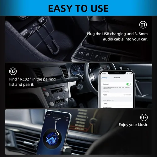 Vista 4 de ZIOCOM Adaptador auxiliar Bluetooth para automóvil, receptor USB Bluetooth 5.2, adaptador Bluetooth de 0.138 in con micrófono para transmisión