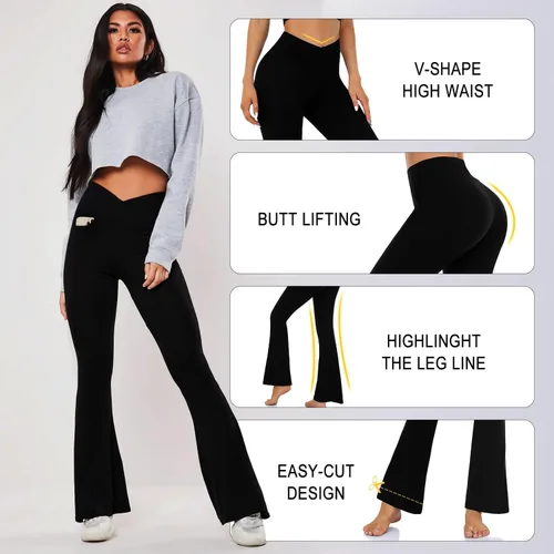 Vista 4 de CTHH Pantalones de yoga con corte de bota para mujer, leggings acampanados con bolsillos para mujer, cintura alta, cruzado, entrenamiento, descanso