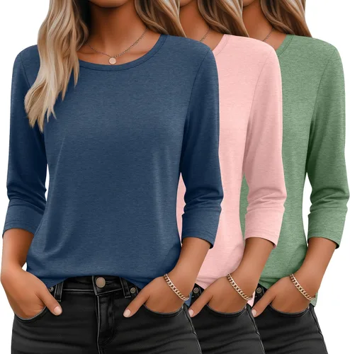 Vista 22 de Ficerd Paquete de 3 camisetas de manga 3/4 para mujer, cuello redondo, camisetas básicas elegantes, casuales, modernas, holgadas