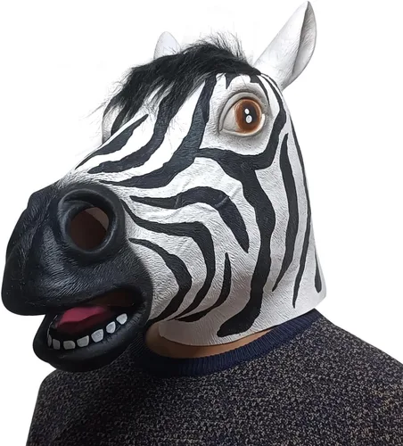 Vista 3 de Máscara de cabeza de cebra de látex, disfraz de caballo de selva para adultos, accesorios de fiesta