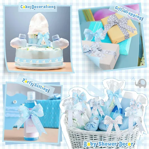 Vista 8 de 8 rollos de cinta de grogrén de elefante para bebé, 7/8 pulgadas, Baby Shower It's a Boy/Girl Foot Print Ribbon para envolver regalos, ducha, Azul
