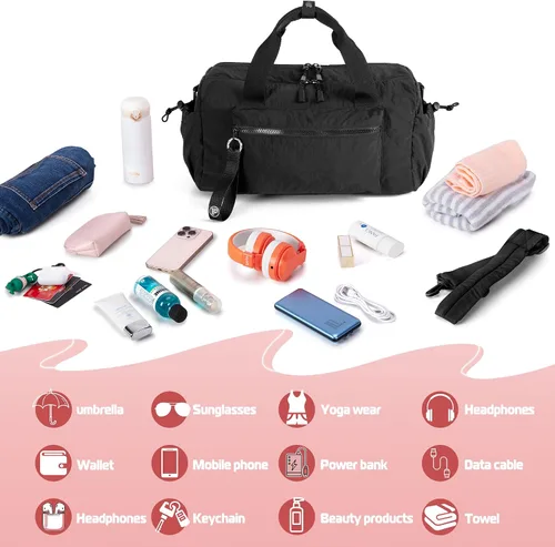 Vista 5 de Pequeña bolsa de gimnasio para mujer, bolsa de viaje con compartimento impermeable, bolsa de transporte para el fin de semana para deportes