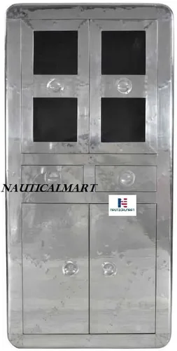 Vista 3 de Gabinete de vino de estilo alto inspirado en aviones de aluminio - Muebles de aviador vintage