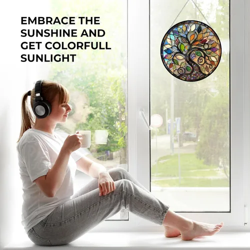 Vista 4 de Atrapasol de vidrio emplomado bohemio con diseño de árbol de la vida para 4 estaciones, colorido adorno de pared de ventana pintado a mano, regalo