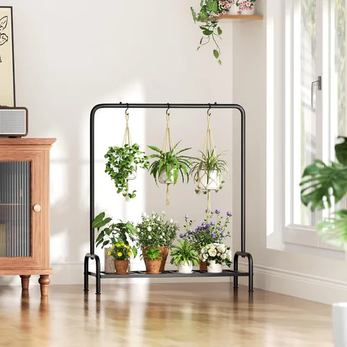 Vista 3 de Soporte para plantas al aire libre alto 40 pulgadas estante para plantas de patio Estante de plantas de metal con 3 ganchos