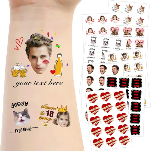 Vista 17 de Tatuajes temporales personalizados para la cara, tatuajes faciales personalizados con nombre de foto, logotipo, texto, calcomanía de tatuaje falsa