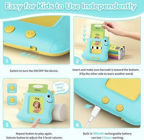 Vista 5 de Alotwan Tarjetas Didácticas Bilingües Parlantes Español/Inglés, Juguetes Sensoriales de Aprendizaje para Niños Autistas, 224 Palabras de Vista