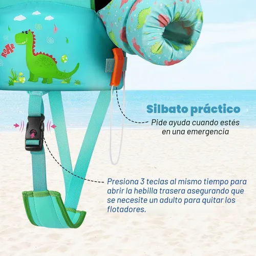 Vista 3 de HeySplash Chaleco de natación para niños pequeños, flotadores de piscina con correa ajustable G-verde