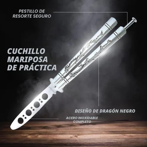 Vista 4 de Vornnex, cuchillo mariposa de práctica, hoja desafilada de acero inoxidable para entrenamiento, dragón negro (plateado)