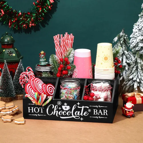 Vista 3 de Barydat Barra de Chocolate Caliente Navideño Estación de Café de Madera Organizador de Encimera con 4 Compartimentos Barra de Café Soporte Negro