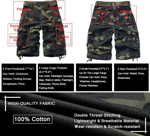 Vista 4 de AKARMY Pantalones cortos cargo de algodón ligeros para hombre, ajuste relajado, casual, con múltiples bolsillos, para exteriores
