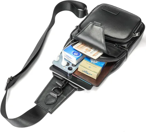 Vista 5 de Leather Sling Bag Hiking Daypack for Men Women Outdoor Travel Camping Fishing Business Crossbody Shoulder Chest Pack