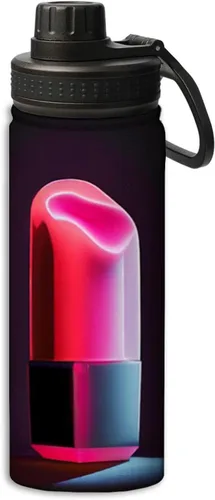 Vista 19 de Botellas de agua con patrón de lápiz labial y pintura de labios, aisladas de 18 onzas, botella de agua deportiva aislada de doble pared a prueba