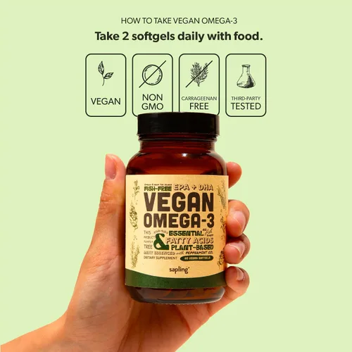 Vista 5 de Suplemento de Omega 3 vegano - Ácidos grasos DHA y EPA de base vegetal - Sin carragenina, alternativa al aceite de pescado, apoya la salud