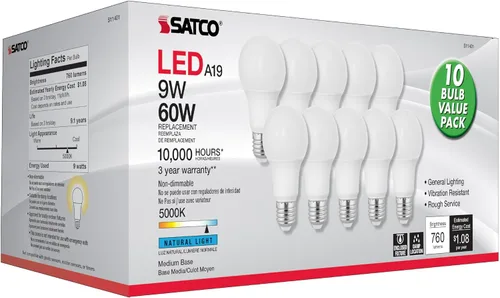 Vista 3 de Satco S11401 - Bombilla LED A19 de 9 W, luz natural de 5000 K, 800 lúmenes, base mediana E26, paquete de 10