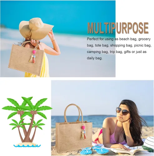 Vista 5 de FITDON Jute Canvas Tote Bag Women, Large Jute Bag Beach Bag Foldable Waterproof Shopping Bags Handbag for Picnic Travel Beach