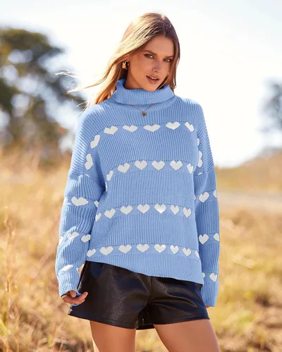 Vista 3 de BTFBM Suéteres casuales de cuello alto para mujer, con estampado de corazón, manga larga, de punto, para otoño e invierno