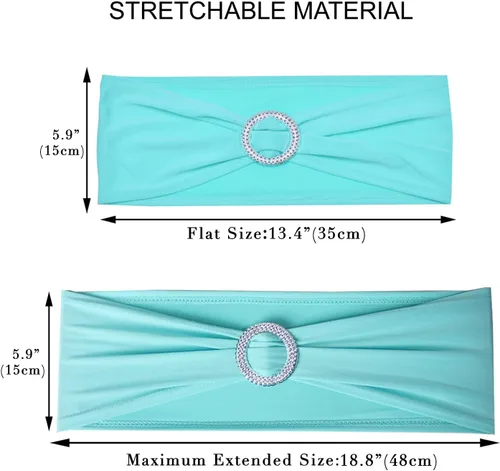 Vista 3 de 10 bandas elásticas de elastano azul turquesa, mano de obra de doble costura, bandas para cubierta de silla con hebilla deslizante para boda