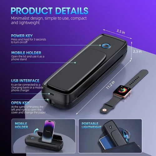 Vista 5 de Aixiqee - Impresora térmica portátil inalámbrica para viajes y uso doméstico, mini impresora Bluetooth sin tinta compatible con iOS, Android
