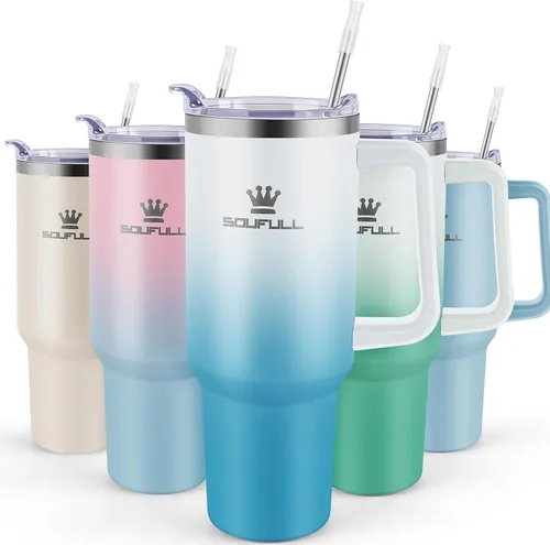 Vista 15 de Vaso de 40 onzas con asa y tapa con popote, taza de café de viaje 100% a prueba de fugas, taza aislada de acero inoxidable para bebidas frías