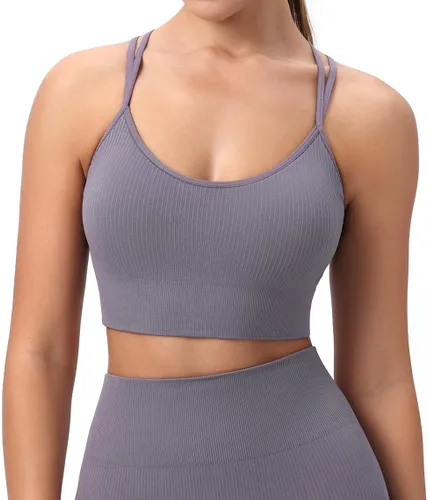 Vista 3 de Brasier deportivo acanalado para mujer, con tirantes acolchados, espalda, perfecto para yoga, entrenamiento y fitness, diseño de bajo impacto y sin