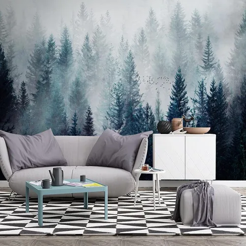 Vista 4 de Mural de pared con paisaje de bosque brumoso extraíble, autoadhesivo, impermeable, póster para decoración de pared para dormitorio, sala de estar