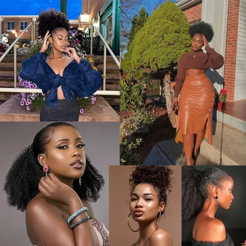 Vista 6 de beauty youth Cola de caballo de cabello humano Afro Puff con cordón para mujeres negras Extensiones de cola de caballo rizadas cortas de 8