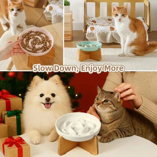 Vista 5 de Soporte elevado para cuenco para gatos, base de bambú para plato de gato, soporte antideslizante para alimentación de mascotas, antivómitos y sin