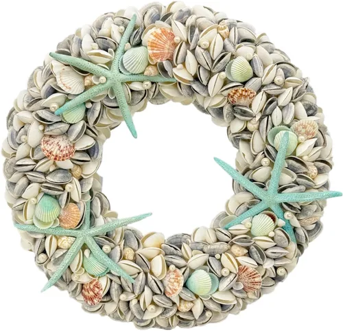Vista 6 de Natural Seashell Wreath w/Shells, Starfish, Pearls, Sea Snails - Spring & Summer Coastal Decor Beach House Indoor Door Wreath, 18in White/Natural
