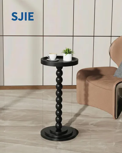 Vista 2 de Mesa auxiliar redonda de madera y mesa para bebidas, diseño moderno resistente y funcional de mediados de siglo con base de madera maciza para sala
