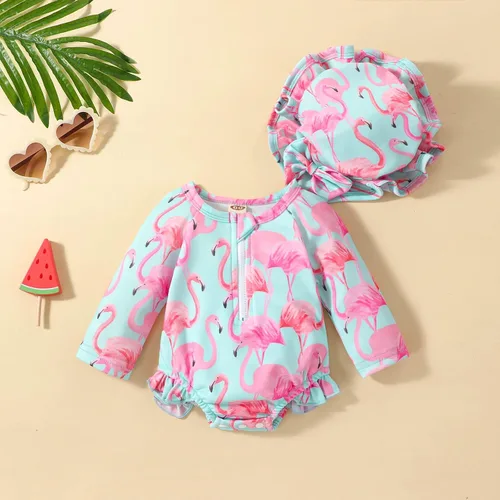Vista 2 de Traje de baño de una pieza con cremallera de manga larga para bebé niña con gorro
