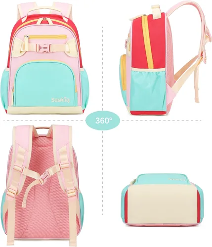 Vista 7 de Lindas mini mochilas para niñas de 2 a 4 años, mochila preescolar (aguamarina, rosa y rojo)
