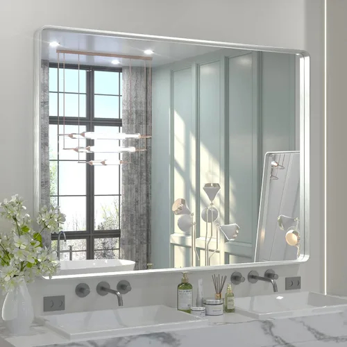 Vista 70 de Espejo de marco dorado cepillado de 16 x 24 pulgadas, espejo de tocador de baño de latón dorado para pared, espejo enmarcado rectangular de esquina