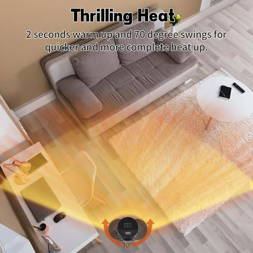 Vista 3 de QOWETU - Calentador de espacio portátil para uso en interiores con control remoto, calentador eléctrico oscilante de 70°, 17 pulgadas, temporizador