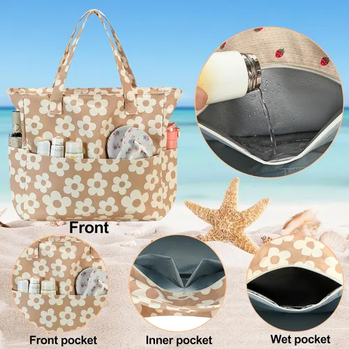 Vista 4 de Bluboon - Bolsa de playa impermeable para mujer, extra grande, con compartimento húmedo, para llevar de fin de semana, bolsa de piscina para viajes