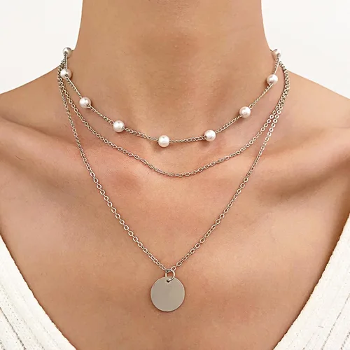 Vista 3 de Collares en capas para mujer, collar de cadena de perlas, collar con dije de moneda, gargantilla de capas bohemias, collares ajustables para regalos