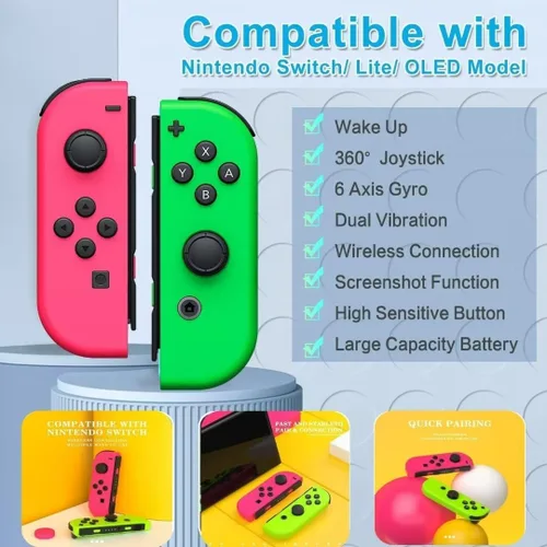 Vista 3 de Joy Cons for Switch, Replacement for Switch Controllers Joycon, Upgraded Switch Joycons with Dual VibrationWake-upScreenshot Pink and Green
