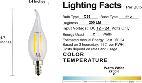 Vista 3 de Bombilla LED de bajo voltaje AC/DC de 12 V, 2 W, 200 lm, regulable con atenuador de CC, luz blanca cálida, base E12, punta de llama de vidrio